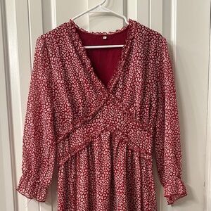 Simplee Women's V Neck Ruffles Floral Printed Long Sleeve Dress